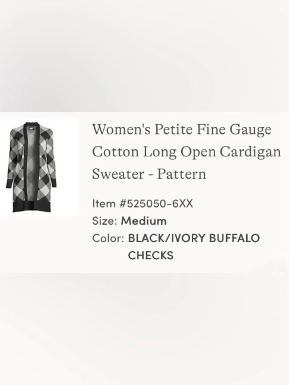 NEW Land’s End Cotton Open front Cardigan sweater black & white buffalo check